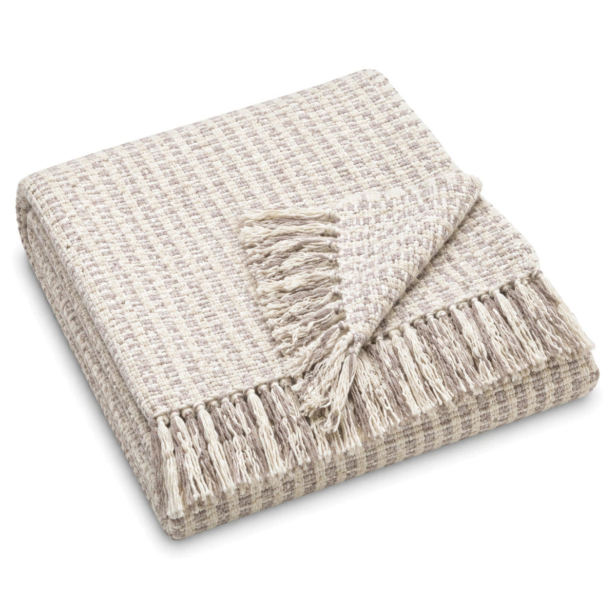 Cream and taupe Scandinavian textured cotton throw with fringe 130×170 cm by Primeval