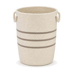 Cream and taupe striped cotton rope laundry basket on a clean white background