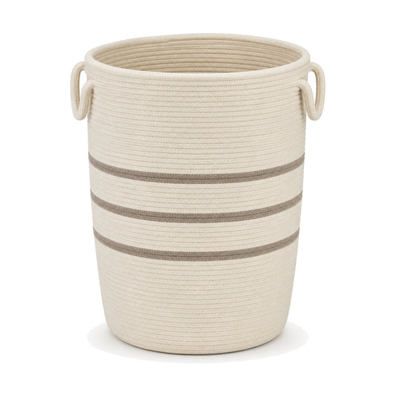 Cream and taupe striped cotton rope laundry basket on a clean white background