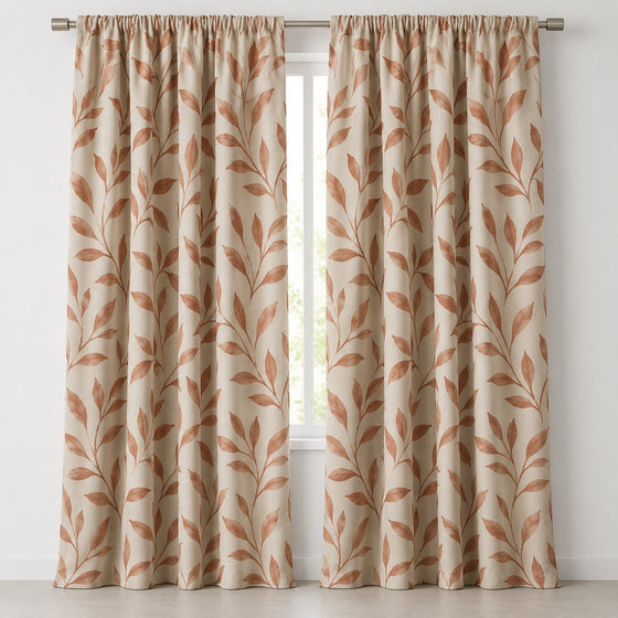 Cream blackout curtains with terracotta leaf print, front product view - Primeval