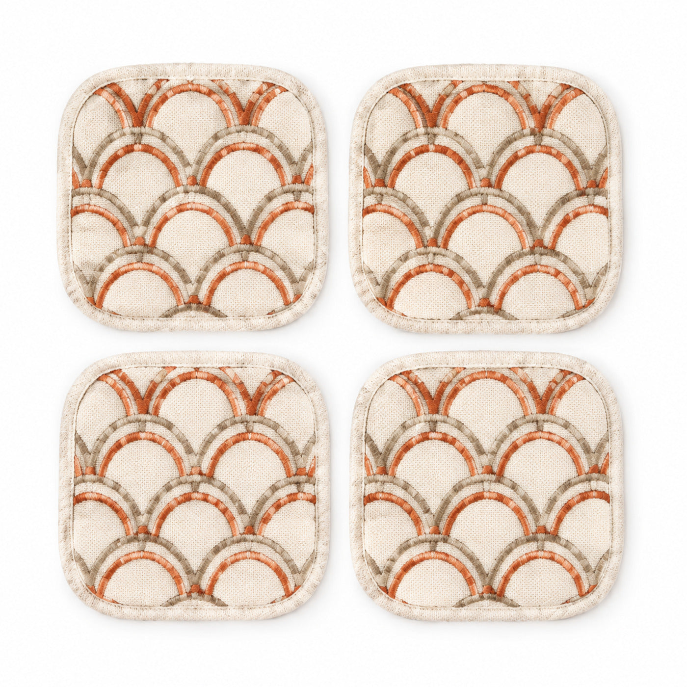 Cream terracotta taupe arch pattern coaster set on a clean white background
