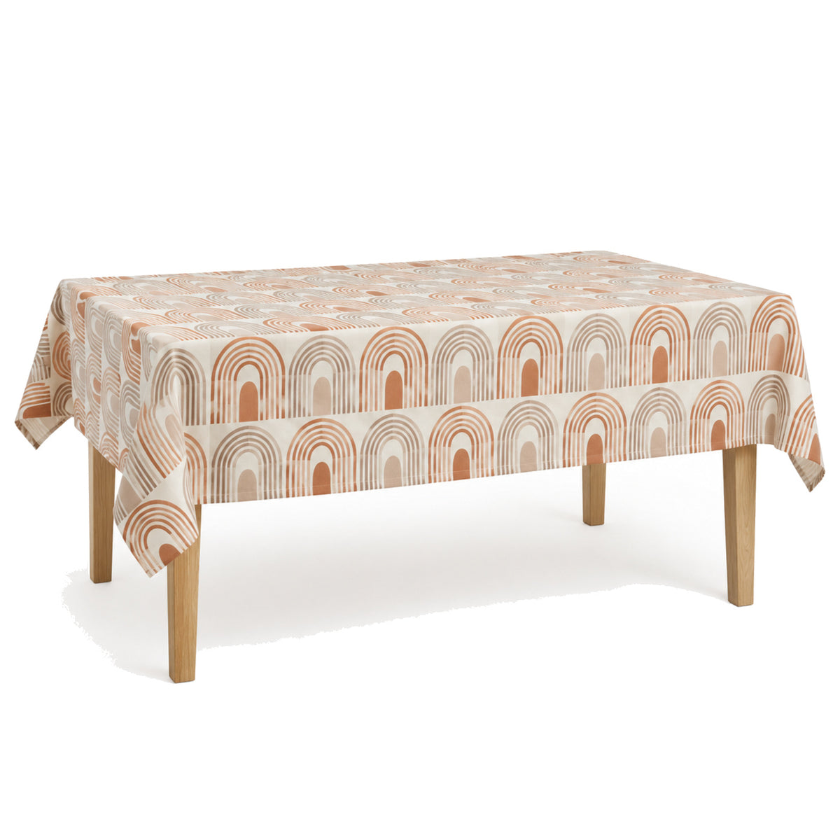 Primeval cream terracotta taupe arch tablecloth displayed on a rectangular dining table