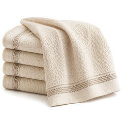 Primeval cream textured border cotton kitchen towel set in folded studio presentation
