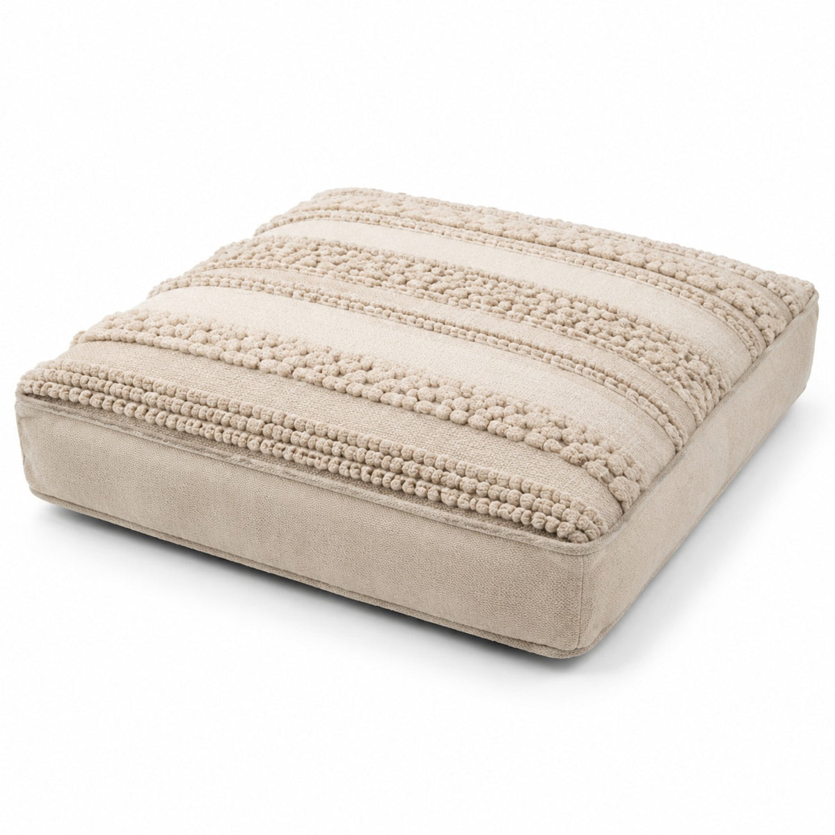 Cream square floor cushion with raised textured stripe bands on white background