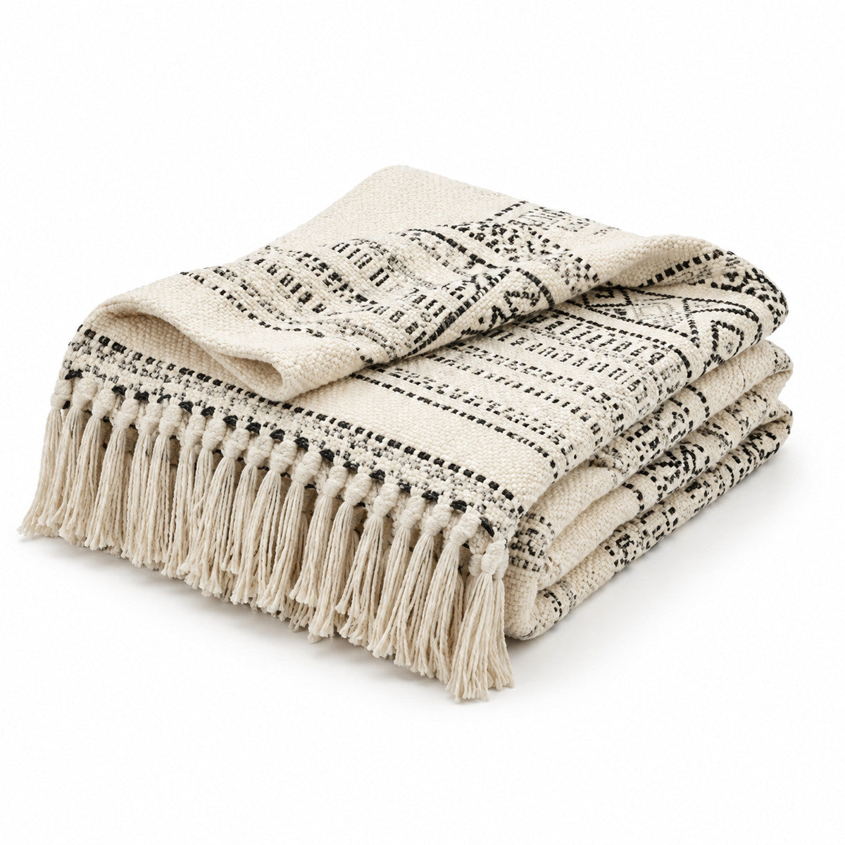 Cream and Charcoal Geometric Woven Throw with Fringe - Primeval