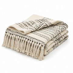 Cream and Charcoal Geometric Woven Throw with Fringe - Primeval