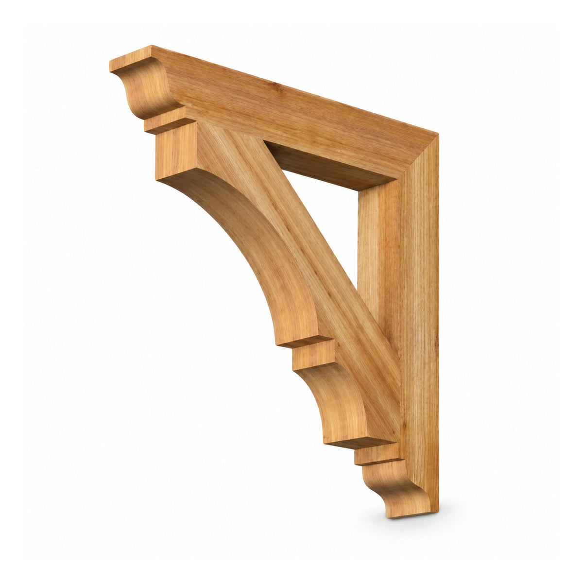 Carved light wood architectural corbel bracket with stepped top and sweeping curved support profile