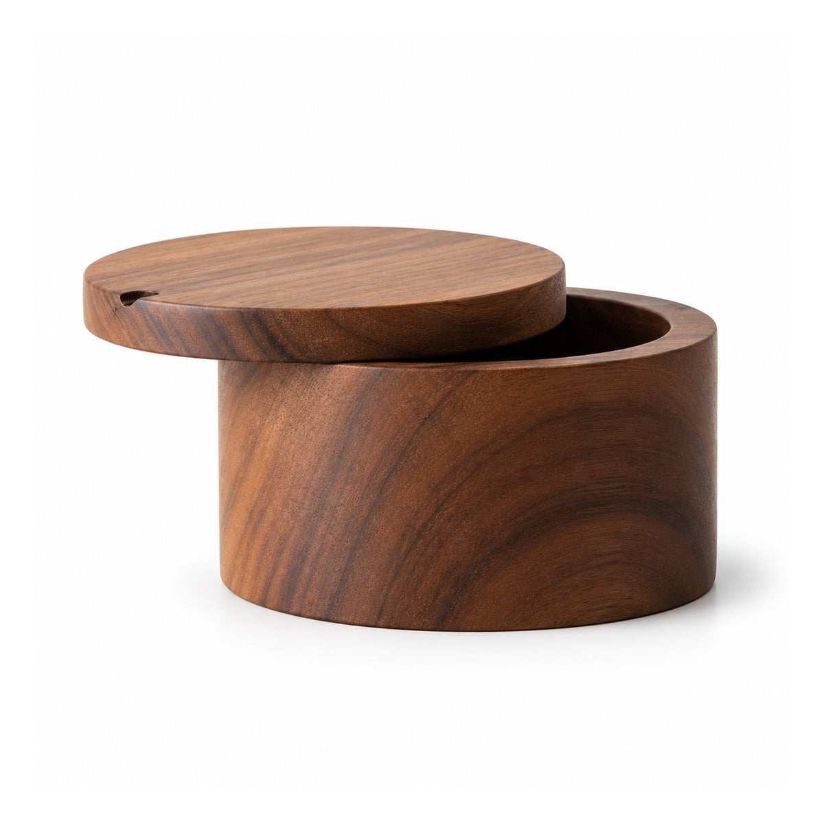 Round dark wood storage canister with smooth cylindrical body, visible walnut-tone grain and slightly lifted offset flat lid