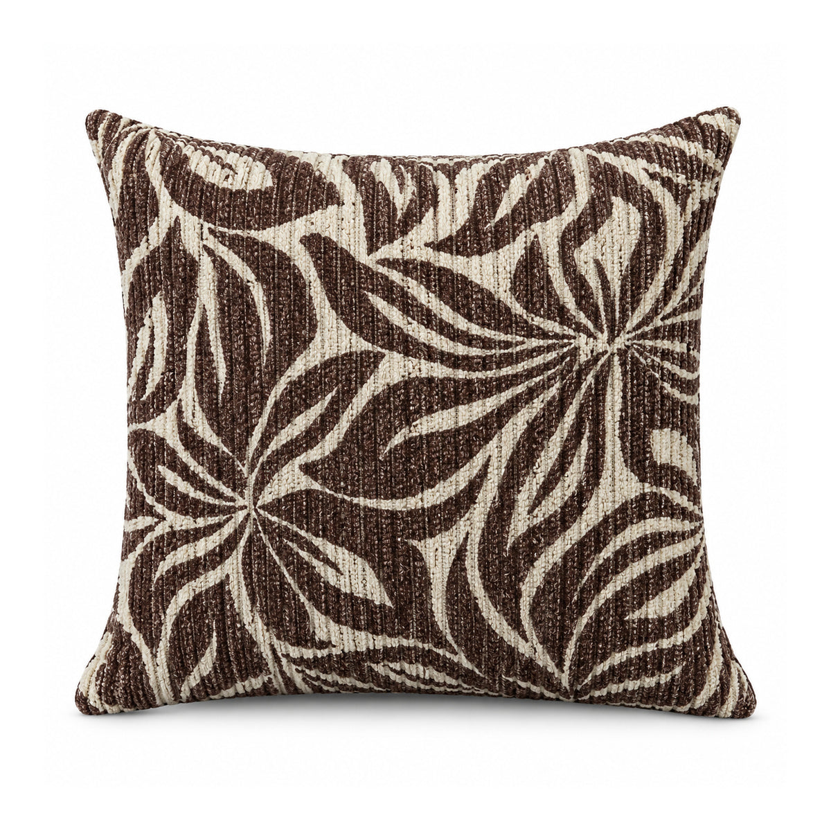 Primeval decorative throw cushion with dark chocolate brown and ivory overlapping botanical leaves, shown against a white background