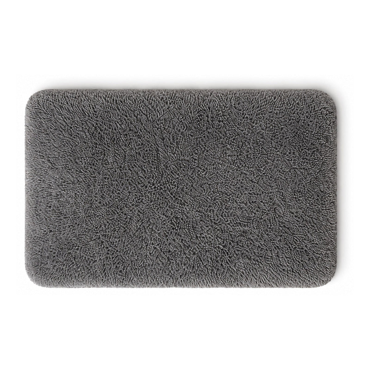 Dark grey plush shag bath mat with rounded corners on white background