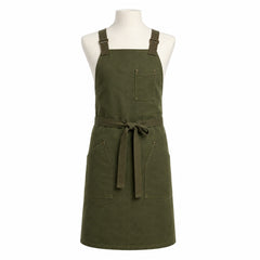 Primeval dark olive workwear-style cross-back chef apron displayed on a dress form