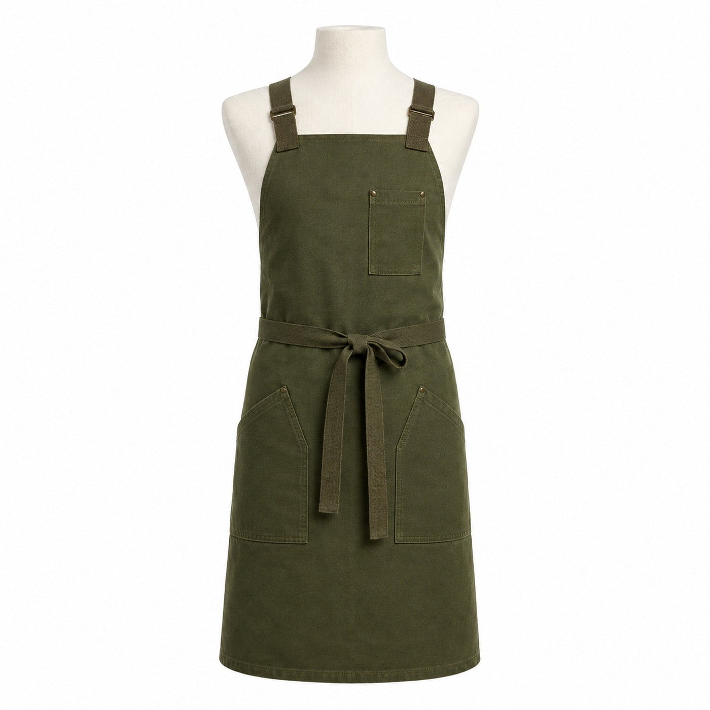 Primeval dark olive workwear-style cross-back chef apron displayed on a dress form