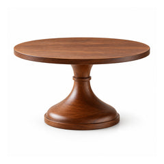 Tall dark reddish-brown wooden cake display stand with a broad round top, slim turned pedestal and flared circular foot