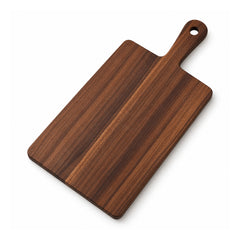 Deep walnut-brown rectangular wooden paddle board with a short angled hanging handle, circular hole and straight contrasting natural grain