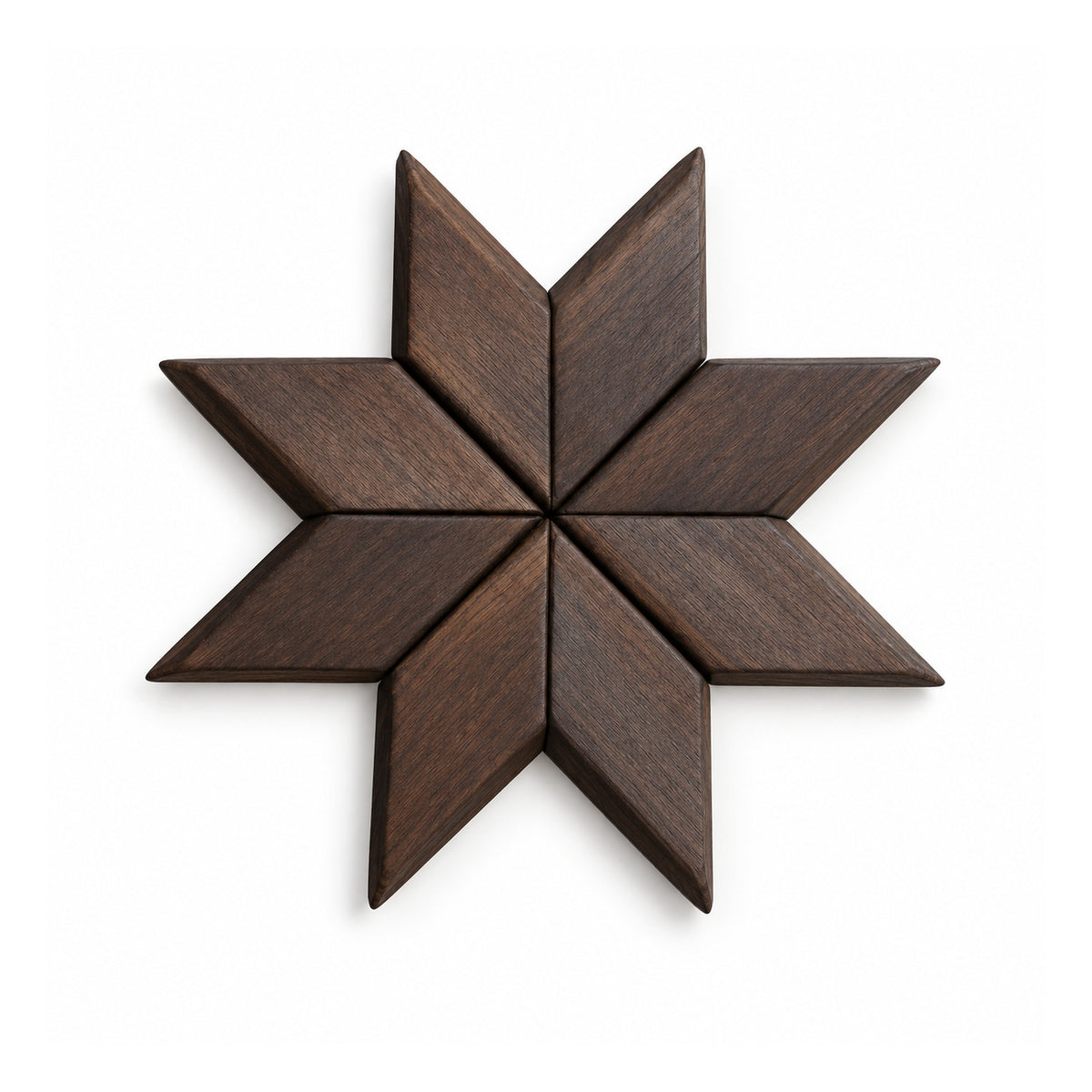 Flat eight-point wooden star wall decoration formed from dark walnut-tone diamond-shaped wood panels meeting at the center