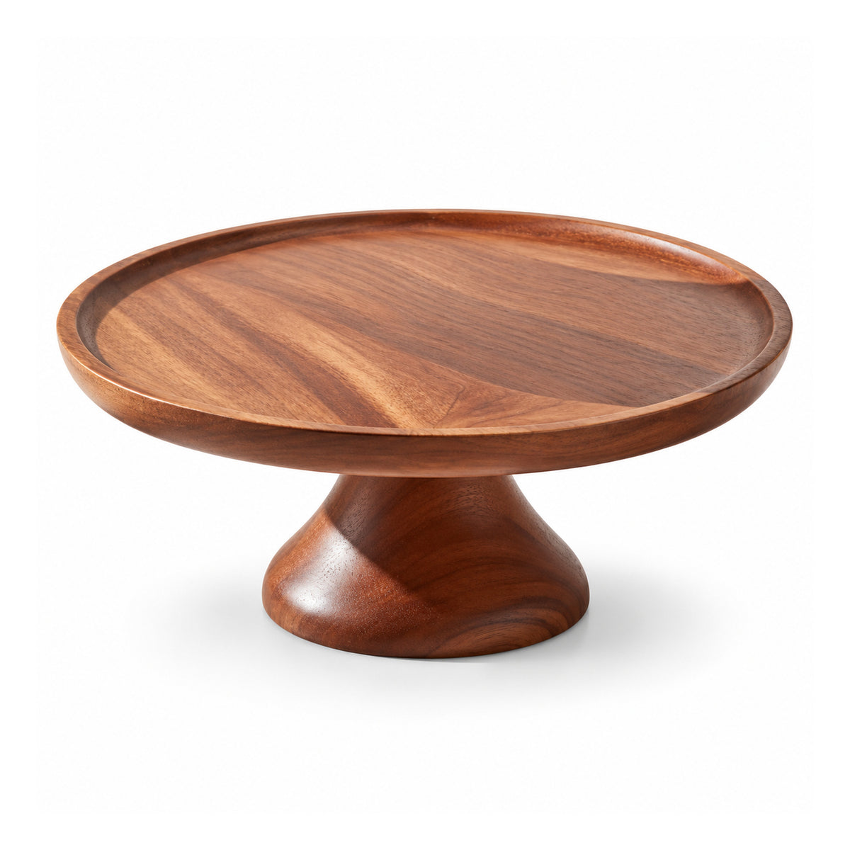 Round dark brown wooden cake stand with shallow raised rim and flared pedestal base
