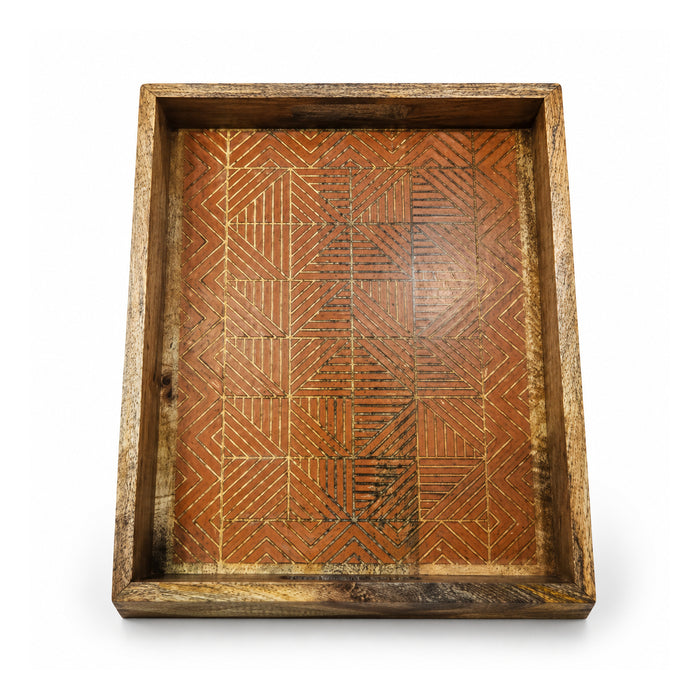 Deep rectangular wooden tray with raised rustic sides and engraved geometric patterned base in warm brown tones