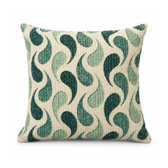 Primeval decorative throw cushion with deep teal curved wave-like geometric motifs on a warm ivory background