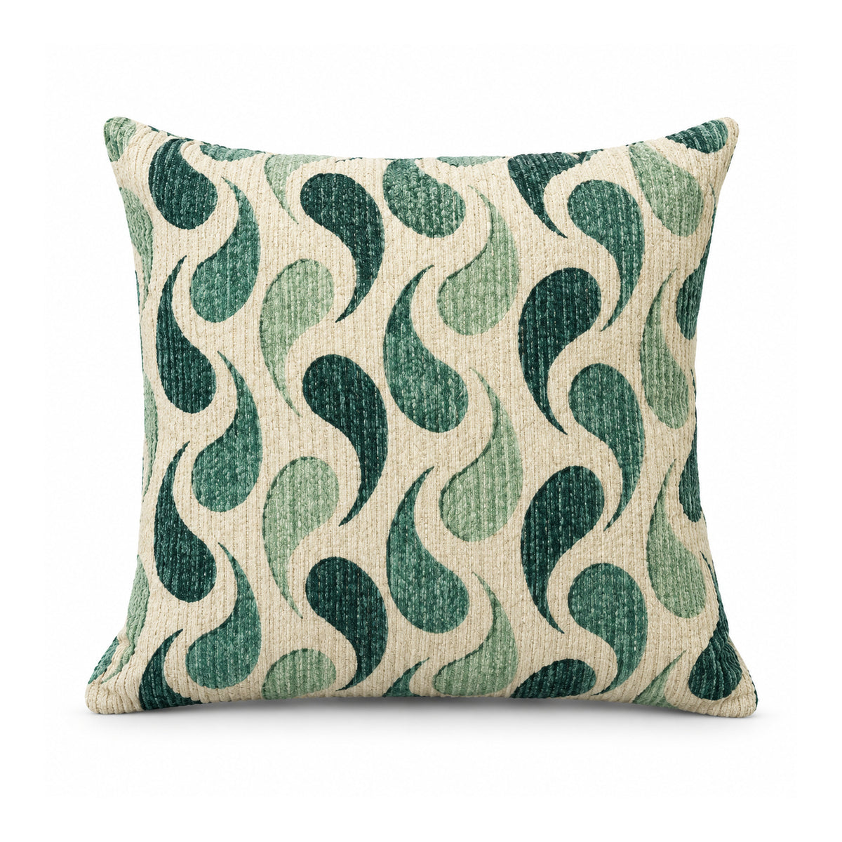 Primeval decorative throw cushion with deep teal curved wave-like geometric motifs on a warm ivory background