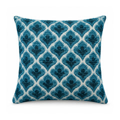 Primeval deep teal blue and ivory cushion cover displaying an interlocking ornamental trellis motif