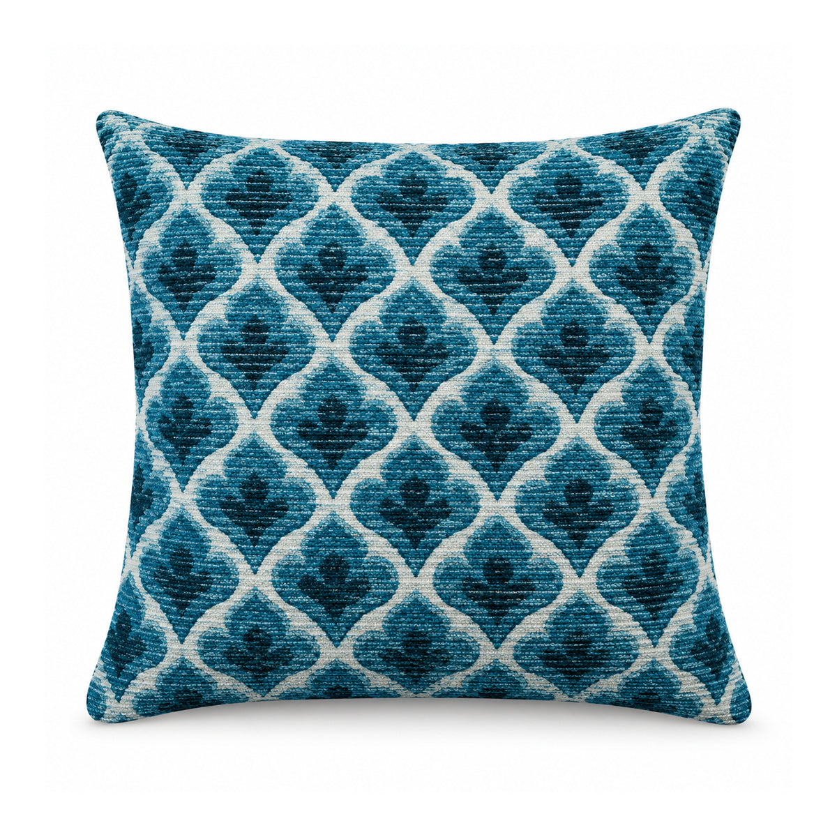 Primeval deep teal blue and ivory cushion cover displaying an interlocking ornamental trellis motif