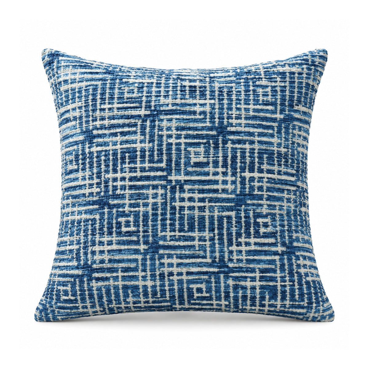 Primeval decorative throw cushion with denim blue and white intricate interlocking linear maze pattern