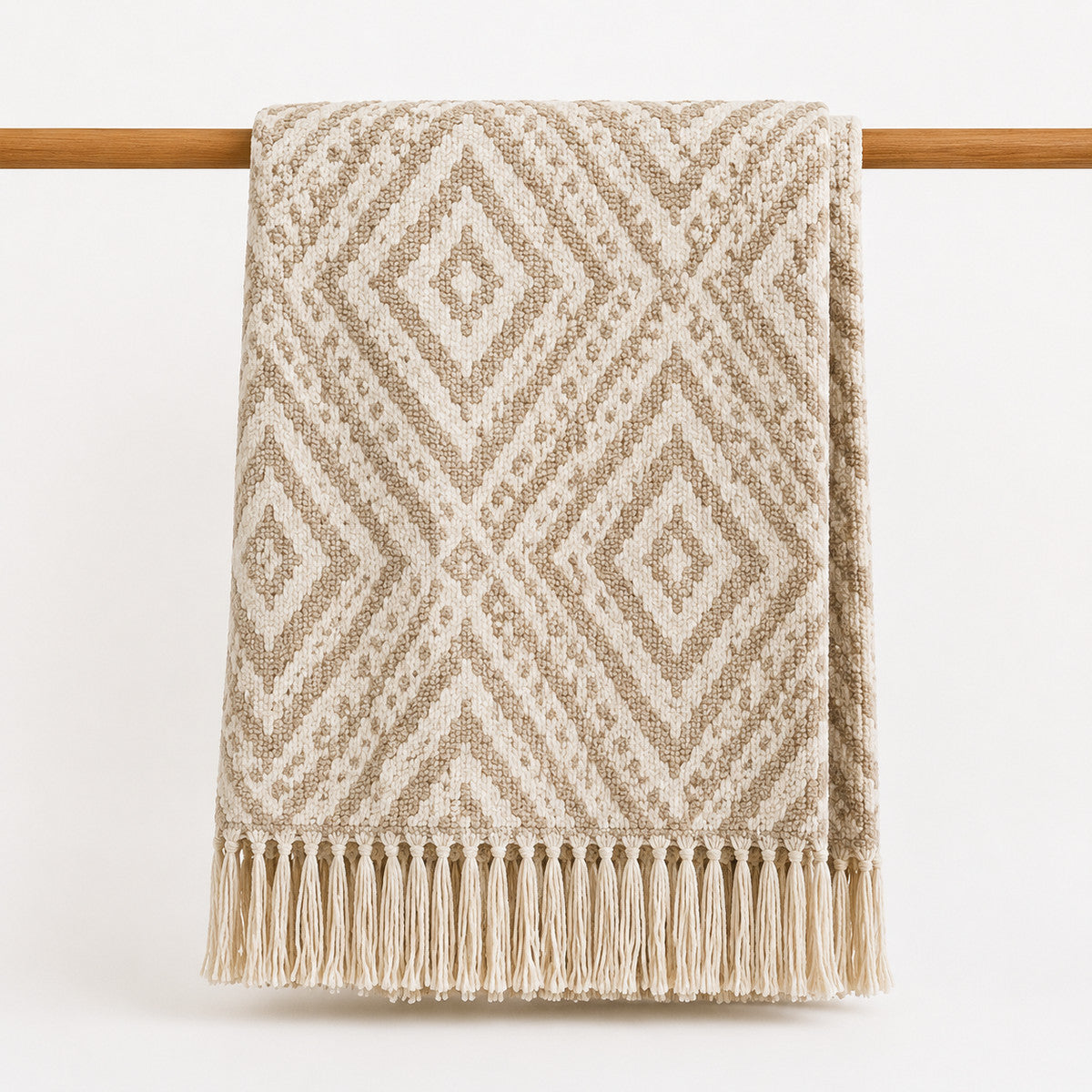 Beige Diamond Jacquard Throw with Fringe - Primeval