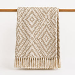 Beige Diamond Jacquard Throw with Fringe - Primeval
