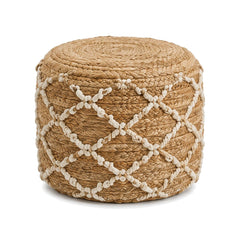 Natural jute round pouf with ivory diamond lattice detail