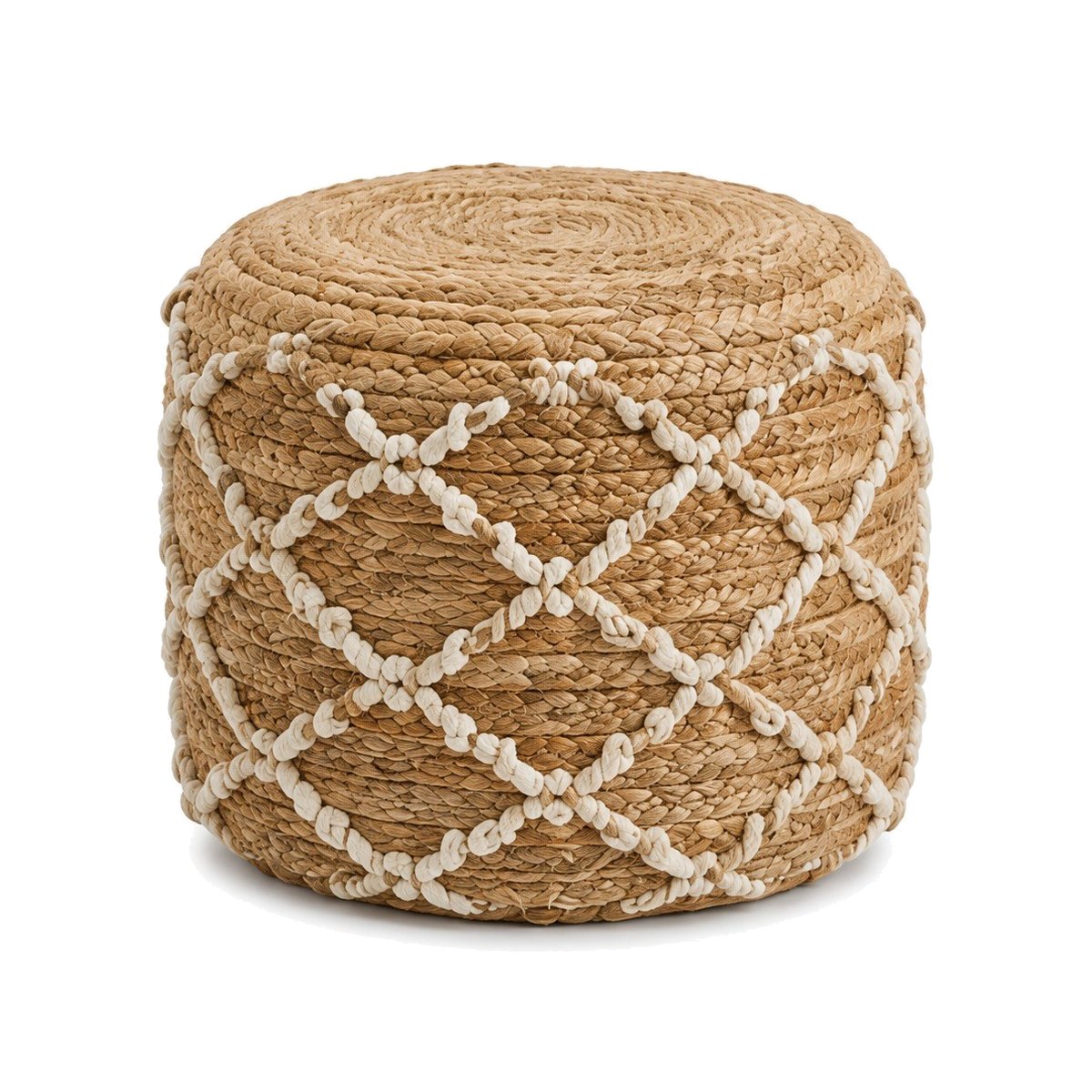 Natural jute round pouf with ivory diamond lattice detail