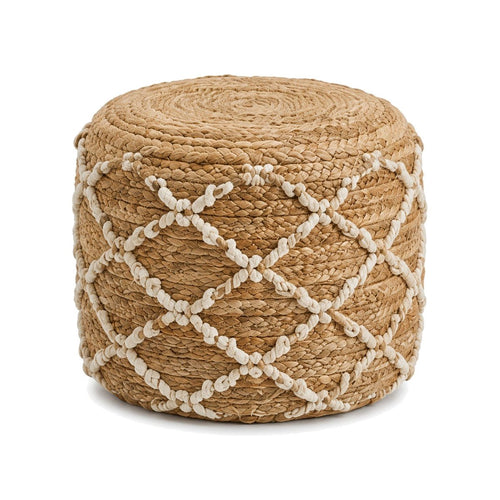 Natural jute round pouf with ivory diamond lattice detail