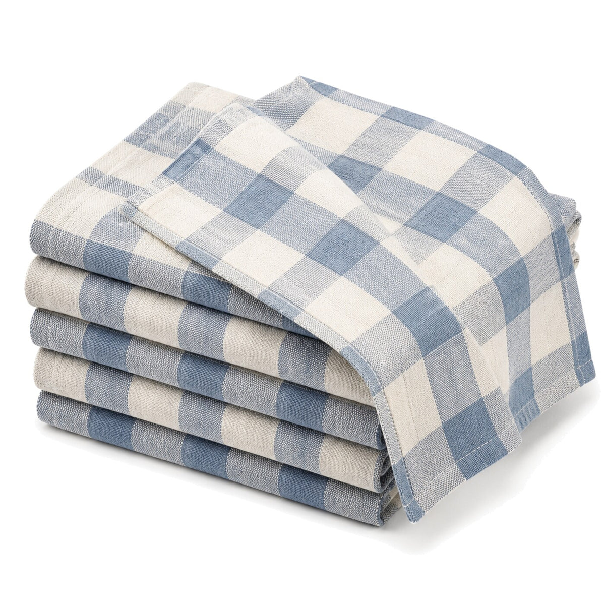 Primeval dusty blue and cream gingham check cotton kitchen towel set in folded studio presentation