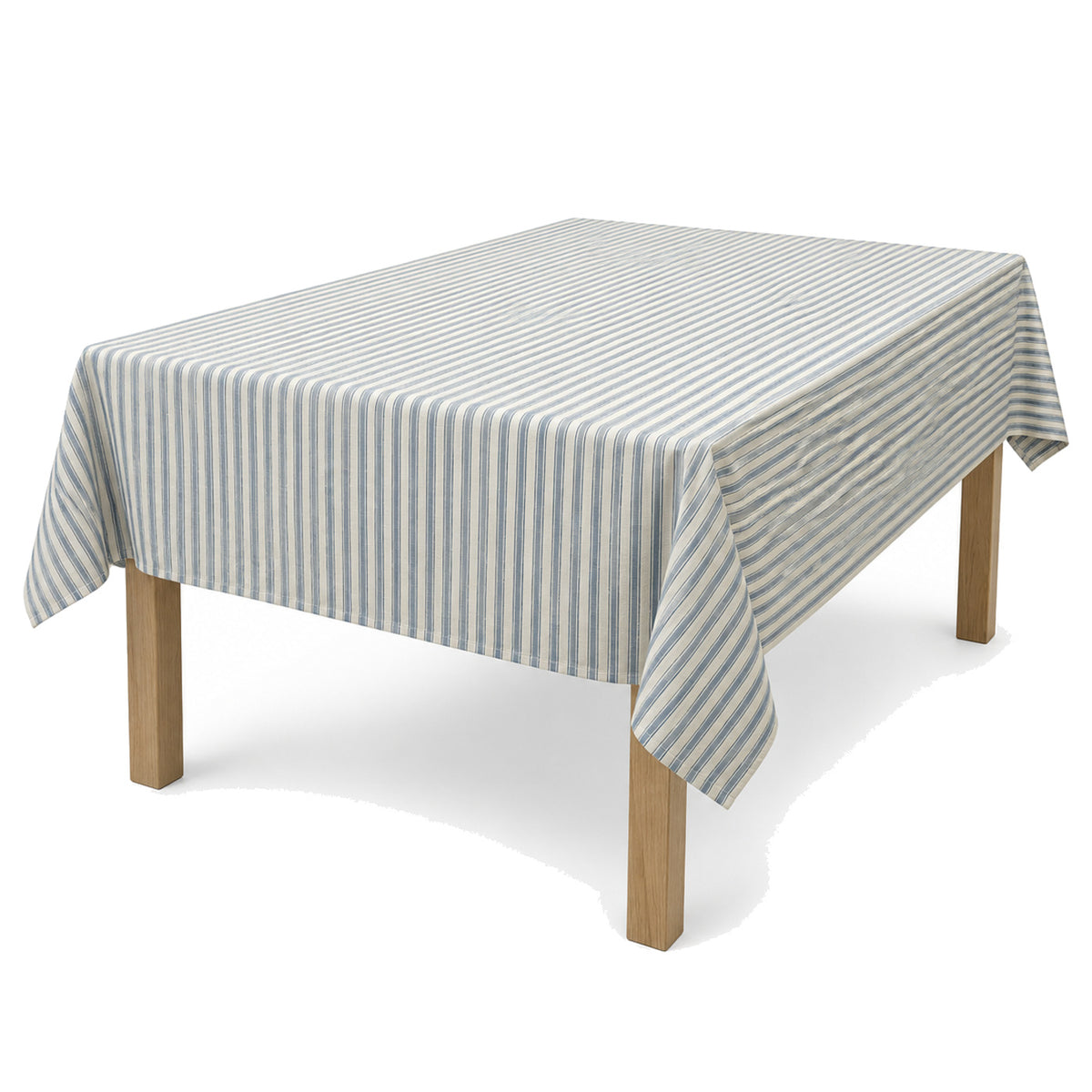 Primeval dusty blue cream thin stripe tablecloth displayed on a rectangular dining table