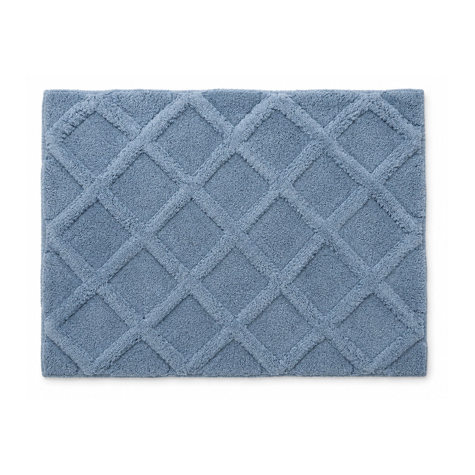 Dusty blue diamond lattice plush bath mat on white background