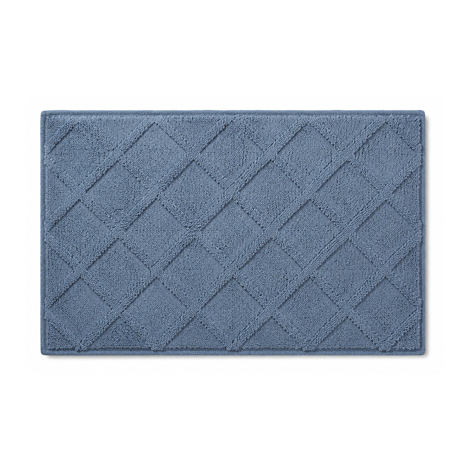 Dusty blue geometric textured cotton bath mat on white background