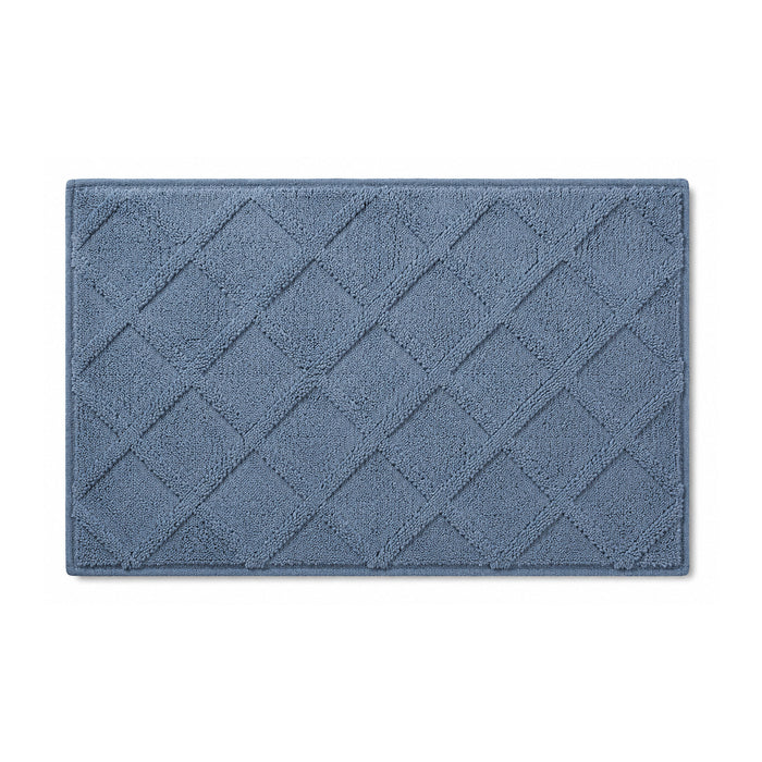 Dusty blue geometric textured cotton bath mat on white background