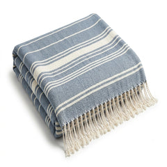 Dusty blue and ivory multi-stripe woven cotton throw with fringe 130×170 cm by Primeval