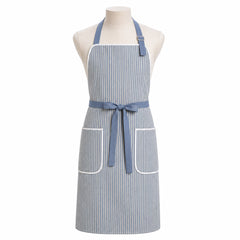 Primeval dusty blue and ivory striped chef apron displayed on a dress form
