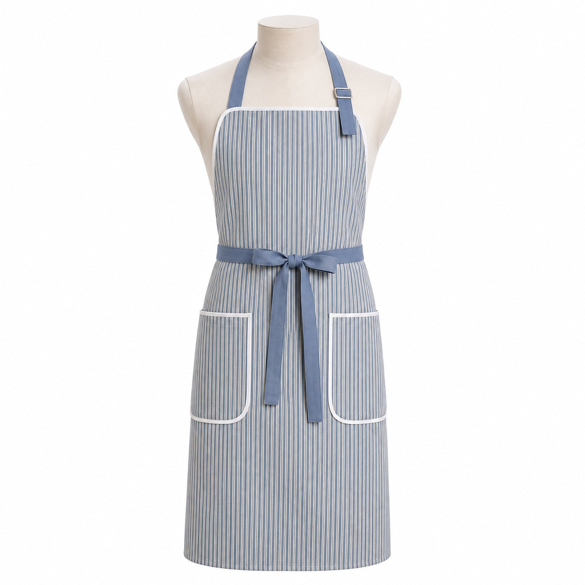 Primeval dusty blue and ivory striped chef apron displayed on a dress form