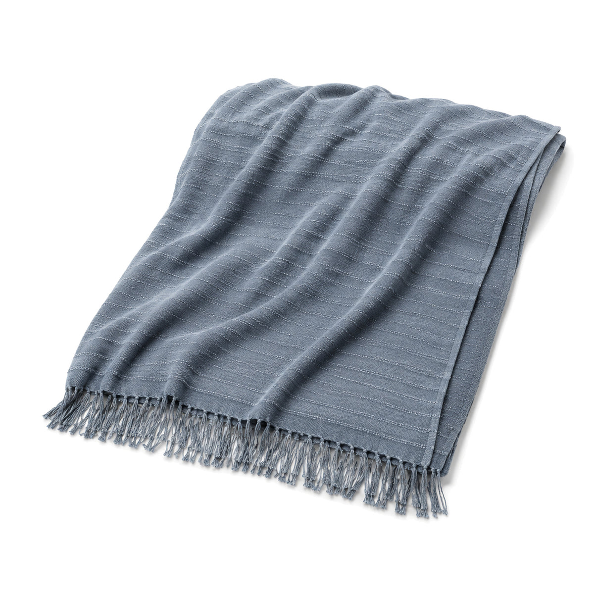 Dusty blue linear textured woven cotton throw with fringe 130×170 cm by Primeval