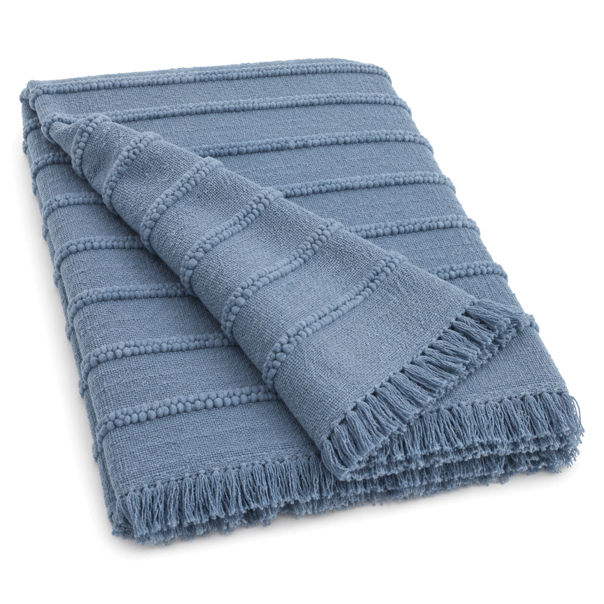 Dusty blue raised striped textured cotton throw with fringe 130×170 cm by Primeval