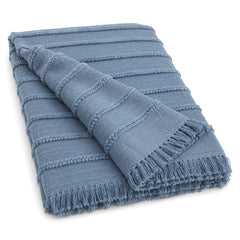 Dusty blue raised striped textured cotton throw with fringe 130×170 cm by Primeval