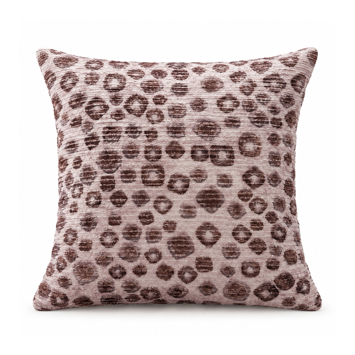 Primeval decorative throw cushion with dusty mauve and dark brown animal-inspired leopard spots