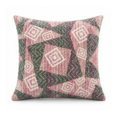 Primeval dusty pink and olive grey decorative cushion cover with layered diamonds, chevrons and concentric square motifs