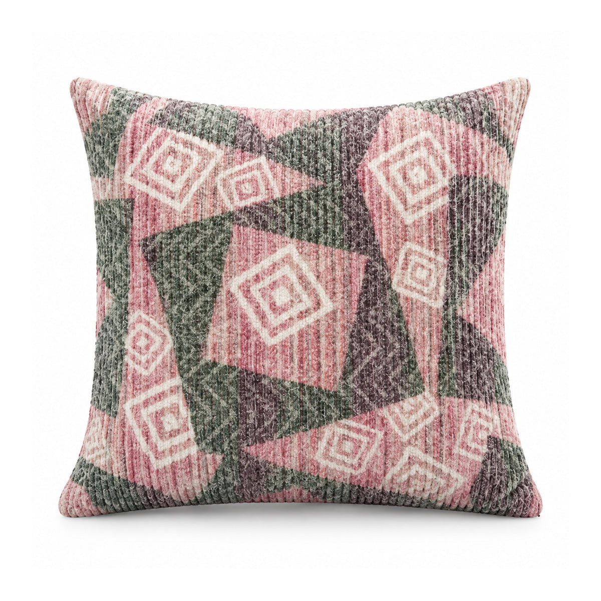 Primeval dusty pink and olive grey decorative cushion cover with layered diamonds, chevrons and concentric square motifs