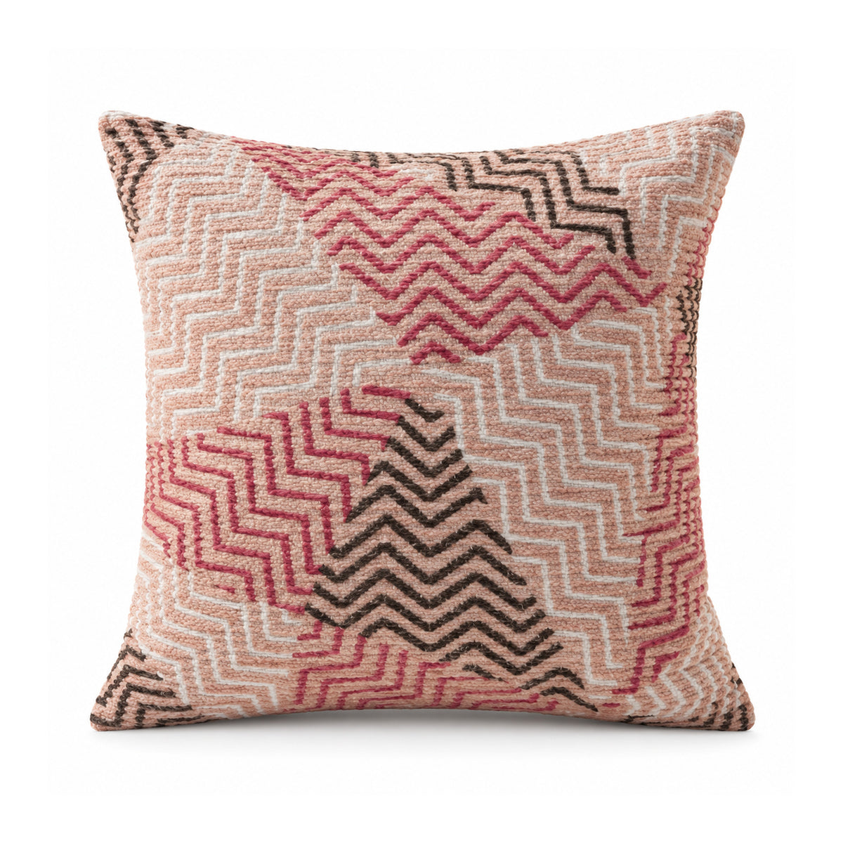 Primeval dusty rose warm beige and charcoal cushion cover with overlapping chevron zigzag geometric blocks