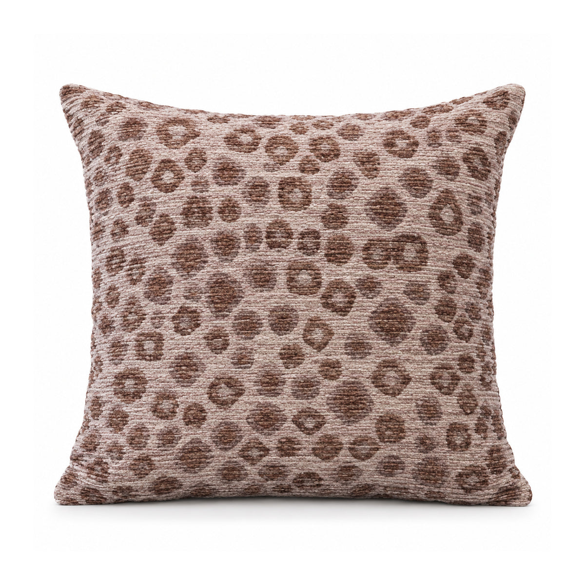 Primeval dusty rose and mocha brown cushion with scattered leopard-inspired animal spots on a muted pink ground