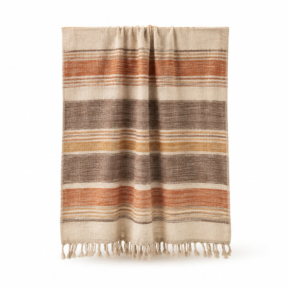 Earth tone bohemian striped handwoven cotton hammam towel 90x180 cm with fringe for artisan resort buyers