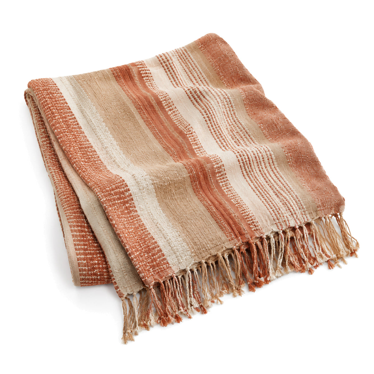 Earth-tone bohemian striped handwoven cotton throw with fringe 130×170 cm by Primeval