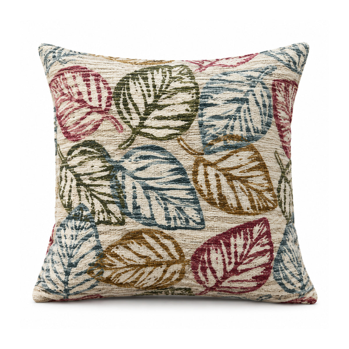 Primeval ivory botanical cushion cover with large outlined foliage in olive green, burgundy, ochre and slate blue
